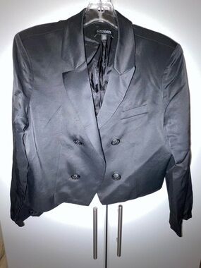 INTERMIX Black Cropped Double-Breasted Satin Blazer